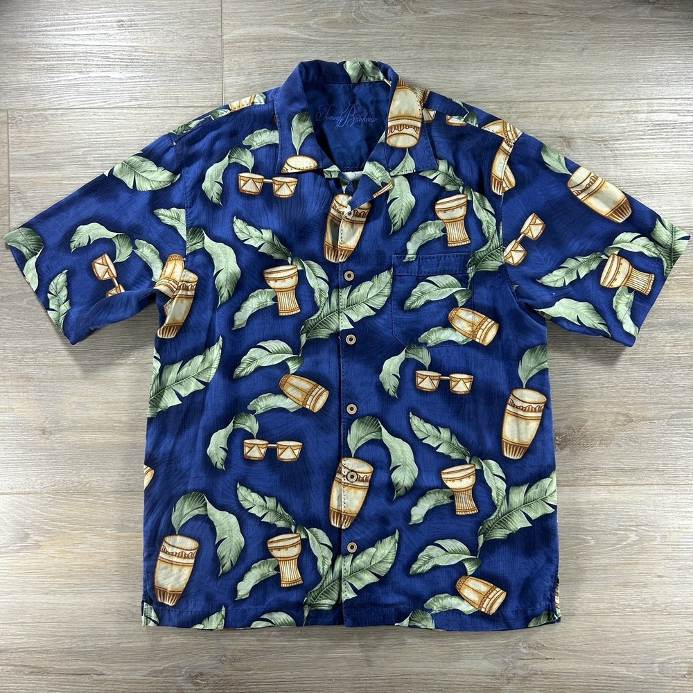 Tommy Bahama Medium Blue Hawaiian Aloha Bongo Drums Silk Camp‎ Button Up Shirt